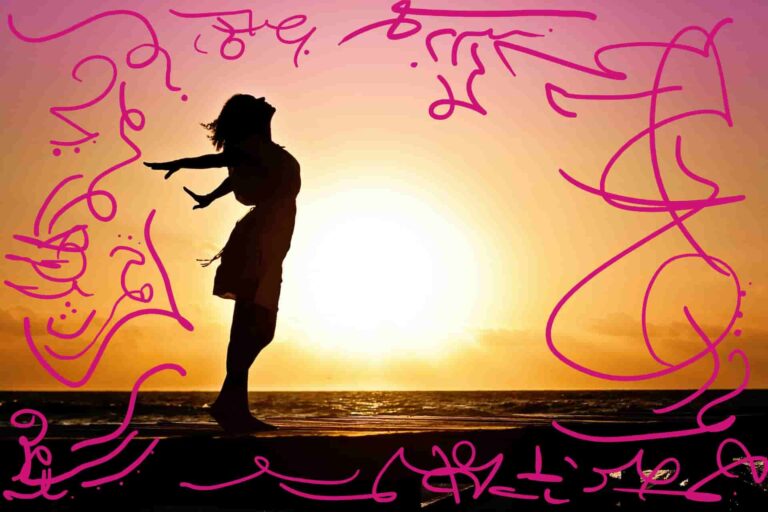 Silhouette of woman on beach with arms back and face turned toward the sky with sun and water behind.